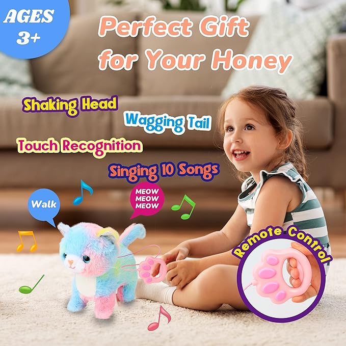 Hopearl Walking Cat Interactive Electronic Pet Singing Kitty Toy Remote Control Leash Animated Musical Kitten Miaow Wagging Tail Touch Recognition Gifts for Toddlers Birthday, Rainbow, 10.5''