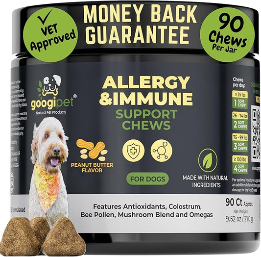 Googipet Dog Allergy Chews, Seasonal Dog Allergy Relief & Itchy Skin Relief, Skin & Coat Supplement +Bee Pollen, Colostrum, Coconut Oil, Probiotics, & Omega 3 Fish Oil for Dogs