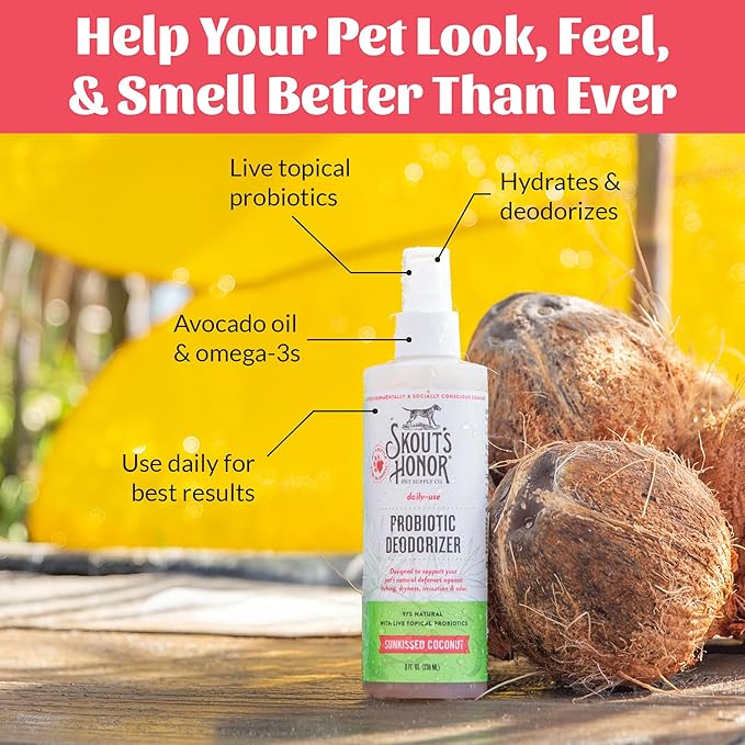 SKOUT'S HONOR Probiotic Pet Deodorizer Spray- Hydrating Daily-Use with Avocado Oil & Omega-3s, Microbiome Friendly Certiified, Paraben & Sulfate-Free, 97% Natural, 8oz, Sunkissed Coconut