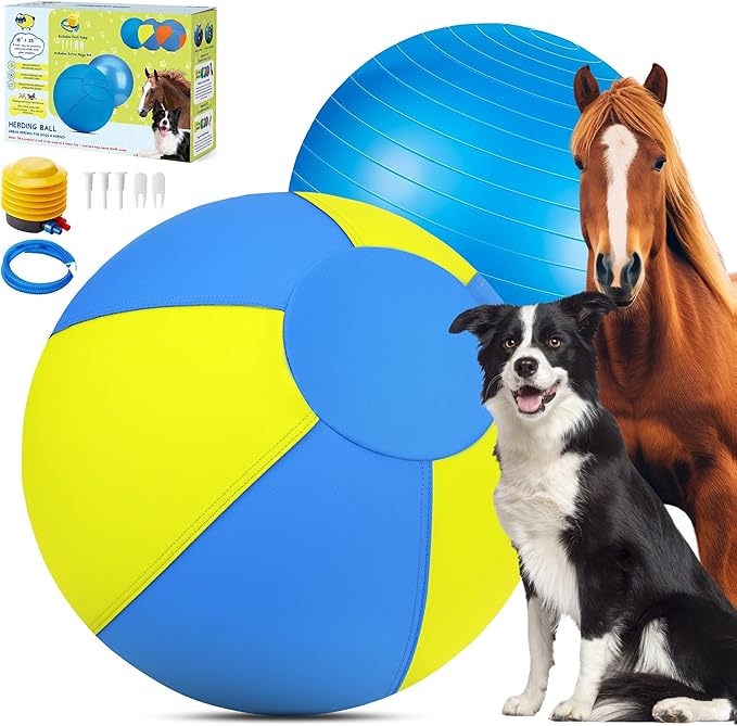 Herding Ball for Dogs and Horses - 25" Jolly Ball for Dogs, Agility Training Equipment, Herding for Australian/German Shepherd, Improved Bite-Resistant, Reinforced Sewing Dog Toys - Blue&Yellow （New）