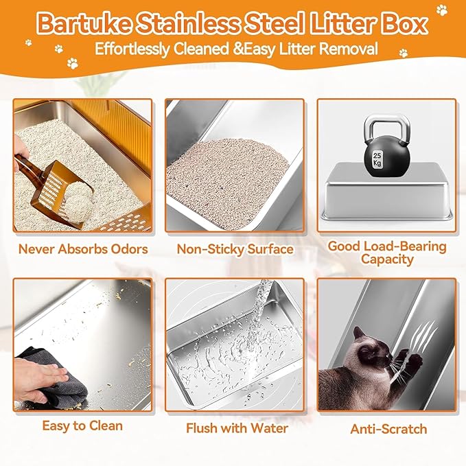 Stainless Steel Cat Litter Box, 23.6" x 15.7” x 11.8” Extra Large Semi Enclosed Litter Box for Big Cats High Sided Metal & Scoop Absorbs Odors, Anti-Urine Leakage, Non-Sticky & Easy Cleaning