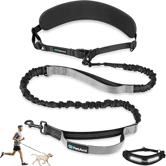 PetAmi Heavy Duty Hands Free Dog Leash, Adjustable Waist Belt for Large Dog Walking Up to 125 lbs, Bungee Leash for Pet Running, Hiking, Reflective Safety for Jogging, Biking, Grey Handle