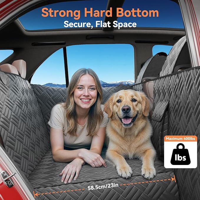 Dog Car Seat Cover for Back Seat- Heavy Duty Waterproof- Hard Bottom Backseat Extender Fits Sedan SUV & Small Truck, Full Coverage for Doors, Rear Seats & Front Headrests