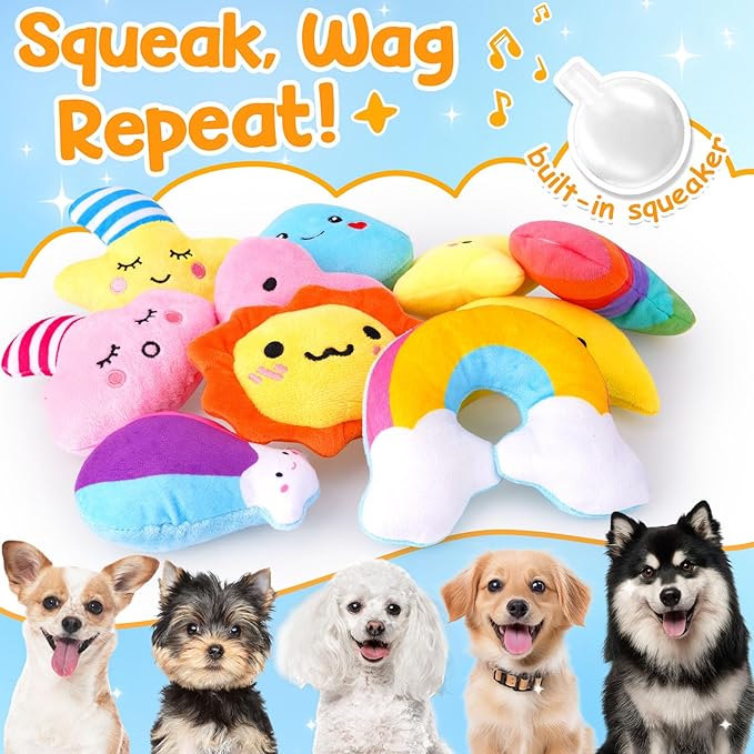 Irresistible Weather-Themed 20-Pack Squeaky Dog Toys Set for Small Dogs & Puppies, Included 16 Plush Toys with Vibrant Characters to Keep Them Busy & 4 Dog Bags
