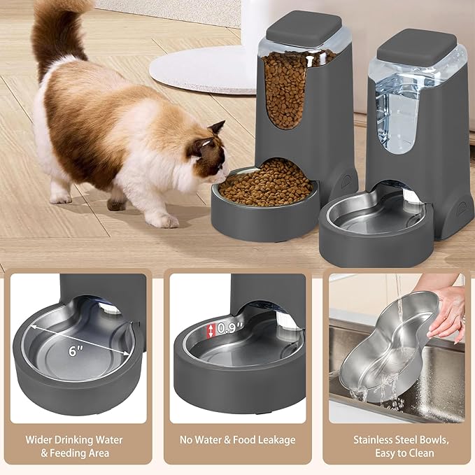 2 Pack Automatic Cat Feeder and Stainless Steel Water Dispenser, Gravity Dog Waterer Set Food Feeder and Waterer Set for Small Medium Kitten Puppy Pets(1 Gallon x 2, Charcoal Gray)