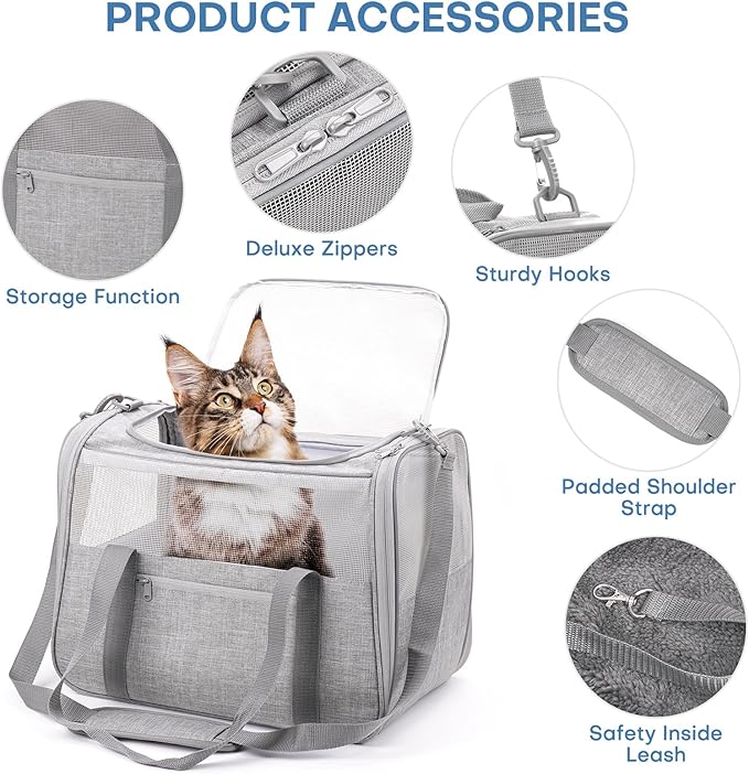 JUNGYOUN Premium Cat Carrier - Pet Carrier for Cat & Small Dogs up to 15lbs - Airline Approved Travel Dog Carrier with Anti-Escape Zippers, Collapsible Travel Bowl & Padded Strap,Grey