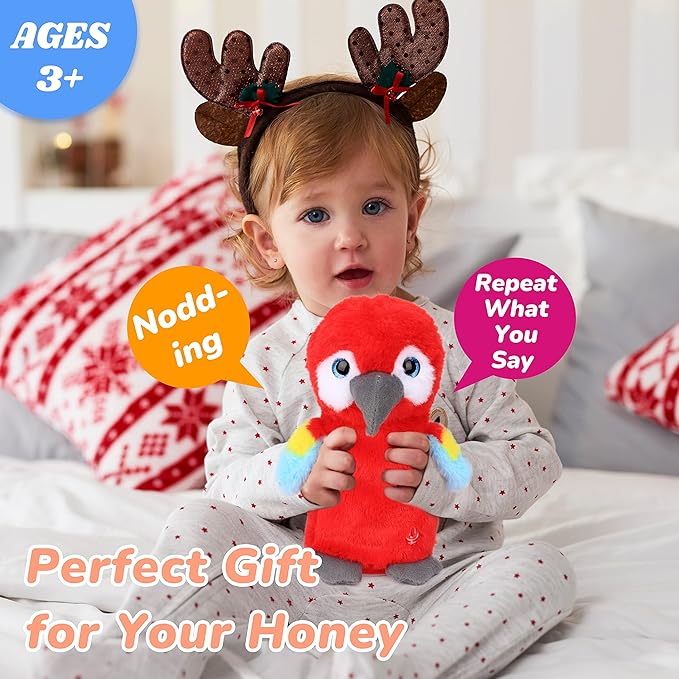 Hopearl Talking Parrot Repeats What You Say Nodding Electric Interactive Animated Toy Speaking Plush Buddy Gift for Toddlers, Red, 7.5''