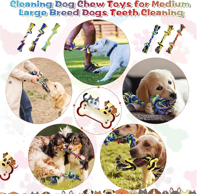 24 Pack Large Dog Rope Toys 10 Inch Chew Toys Bulk Natural Cotton Dog 2 Knot Dog Toy 2 Knots Chew Rope Toy Teething Rope Toys for Aggressive Chewers and Medium Dogs