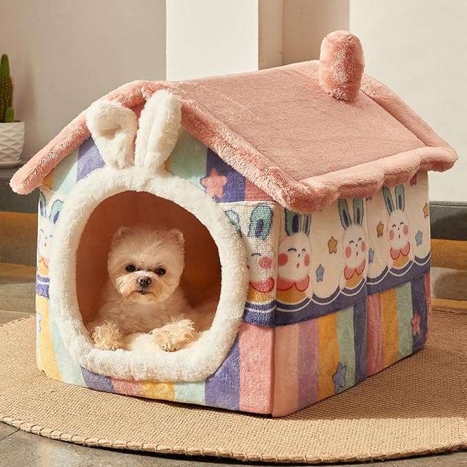 JIUPETY Cute Small Dog House Indoor, Foldable House Kennel Bed Mat with Cushion, L Size Tent Up to 25 Lbs, Dog Cave Bed with Non-Slip Bottom, Rainbow