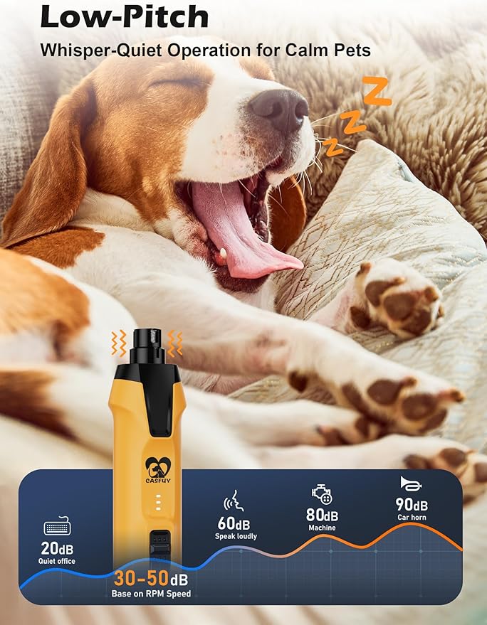 Casfuy 6-Speed Dog Nail Grinder – 50%+ Boost Power Dog Nail Trimmers Quiet with Dust Cap & 2 LED Lights & 2000mAh Battery & 4.8V Motor Electric Pet Toenail File Tool for Large Medium Small Dogs Cats