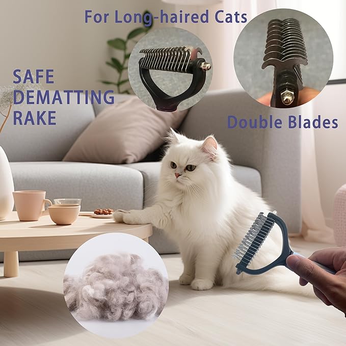 Cat Grooming Brush Kit 6 Tools - Deshedding & Dematting for Long/Short Hair, Self-Cleaning Slicker Brush with 6-in-1 Flea Comb for Cats & Kittens (Blue)