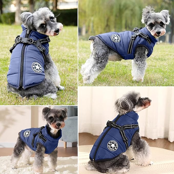 HDKUW Small Dog Jacket, Small Dog Coat Harness Winter Warm Vest Jacket Waterproof Cotton Costume for Puppy Small Dogs (S, Blue)