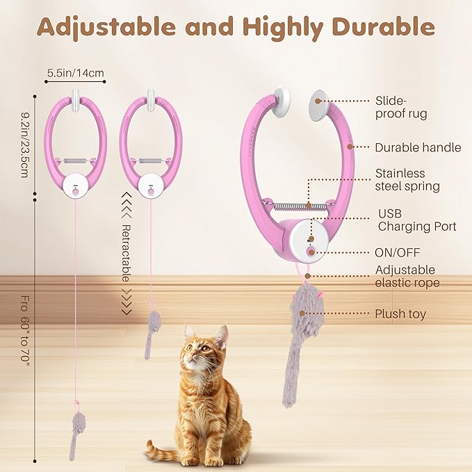 Interactive Cat Toys Rechargeable, Feather Toy for Indoor Cat, Hanging Retractable Teaser Toy, Automatic Kitten Play Chase Exercise Toys with Three Plush Mouse, USB Powered (Pink)