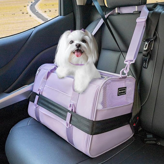 PETSFIT Soft-Sided Cat Carriers & Car Seats with Patent Safe Buckles, Clip-On Harness，19"x12"x12" Pet Travel Carrier - 20 lbs Capacity (Purple)