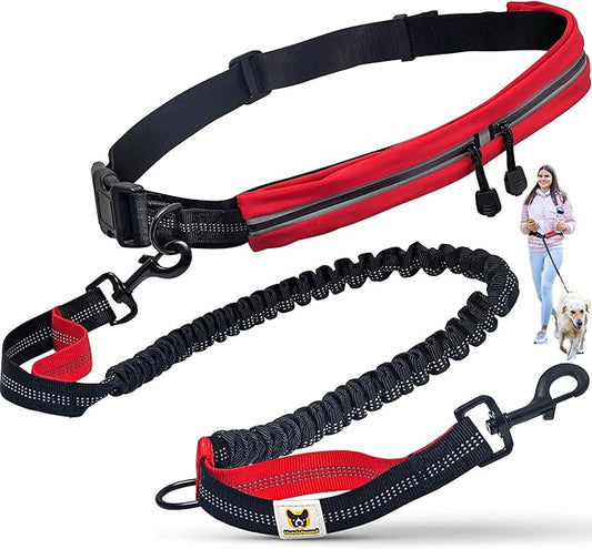 Hundefreund Hands Free Dog Leash for Medium and Large Dogs (30-150lbs) - Dual Handle Waist Leash for Running, Walking and Hiking with Adjustable Zipper Waist Belt and Reflective Elastic Bungee (Red)