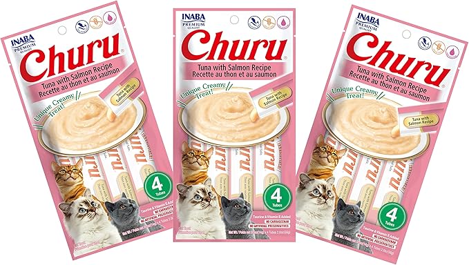 INABA Churu Cat Treats, Grain-Free, Lickable, Squeezable Creamy Purée Cat Treat/Topper with Vitamin E & Taurine, 0.5 Ounces Each Tube, 12 Tubes (4 per Pack), Tuna with Salmon Recipe