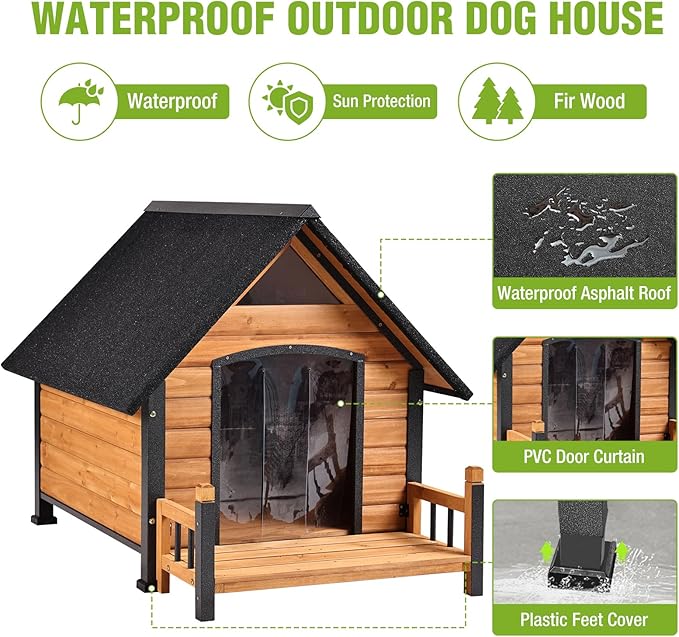 GUTINNEEN Dog House Outdoor with Anti-Bite Metal Frame, Dog Kennel with Porch and Weatherproof Roof for Small, Medium, Large Breeds, Puppy Home Indoor (Brown, 45’’ Medium)