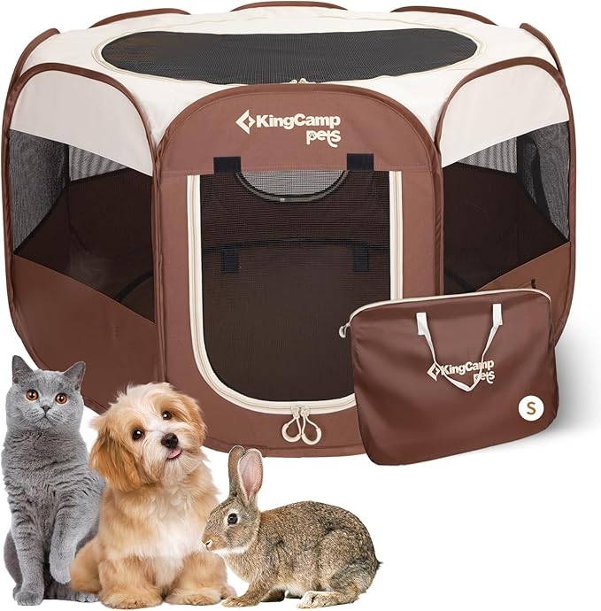 KingCamp Dog Playpen, Portable Foldable Cat Kitten Puppy Tent Crates 29"/36"/50" Pop Up Pet Playpen with Zippered Bottom & Cover for Indoor Outdoor Use (Small, Khaki)