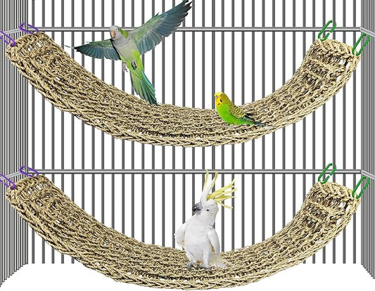2Pcs Bird Seagrass Mat 30 × 7" Natural Grass Woven Net Hammock with Hooks Climbing Rope Ladder Chew Toys Hanging on Parrot Cage for Lovebird Pigeon Cockatiel Conure Budgie Cockatoo