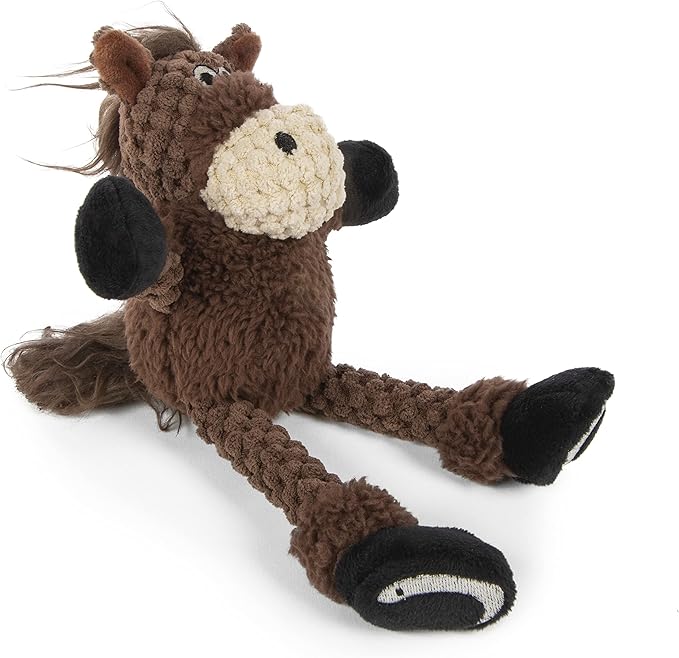 goDog Checkers Just for Me Skinny Horse Squeaky Plush Dog Toy, Chew Guard Technology - Brown, Mini