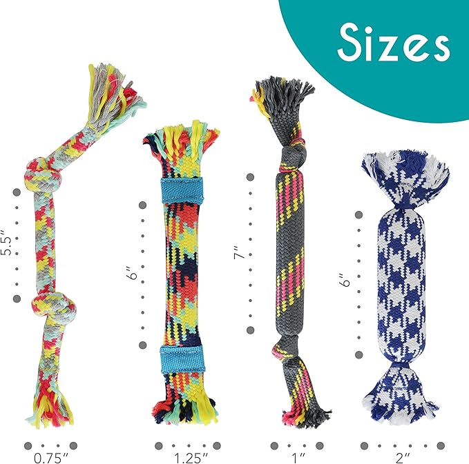 rocket & rex Dog Rope Tug Set for Small Breeds, Includes Ropes with Rubber Interiors, a Squeaker & Crackle Lining, Reduces Destructive Chewing & Anxiety (Pack of 4)