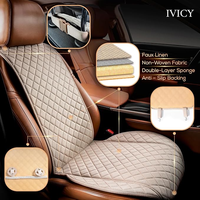 IVICY Faux Linen Car Seat Cover for Cars - Durable & Non-Slip - Front Car Seat Protector Covers for Most Automotive, Vans, SUVs, Trucks - 1 Unit - Light Beige