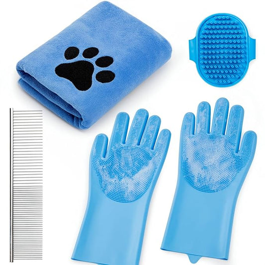 Pet Shower & Bath Supplies，Dog Shampoo Brush Set with Towel, Washing Gloves,Comb for Dogs and Cats (Blue)