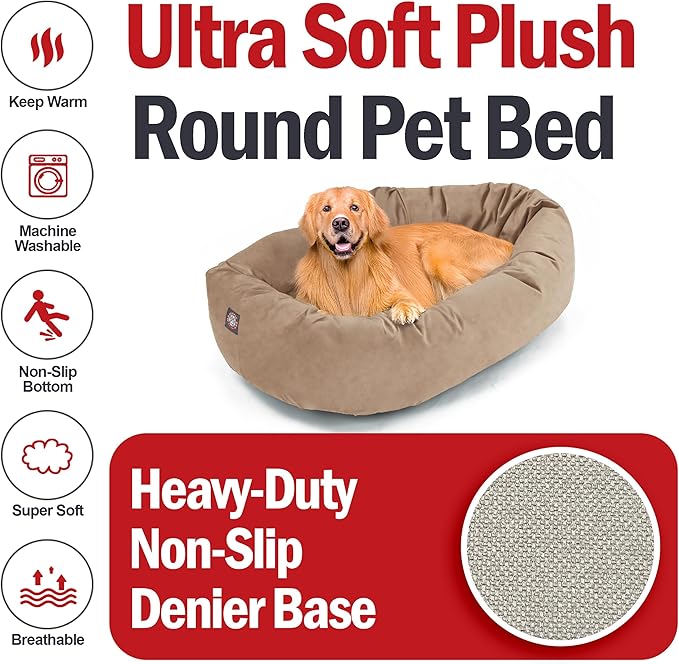 Majestic Pet 40 Inch Suede Shredded Memory Foam Mix Calming Large Dog Bed Washable 40 x 29 x 9 (Inch) - Cozy Soft Round Donut Dog Bed with Spine for Head Support - Pet Bed Stone