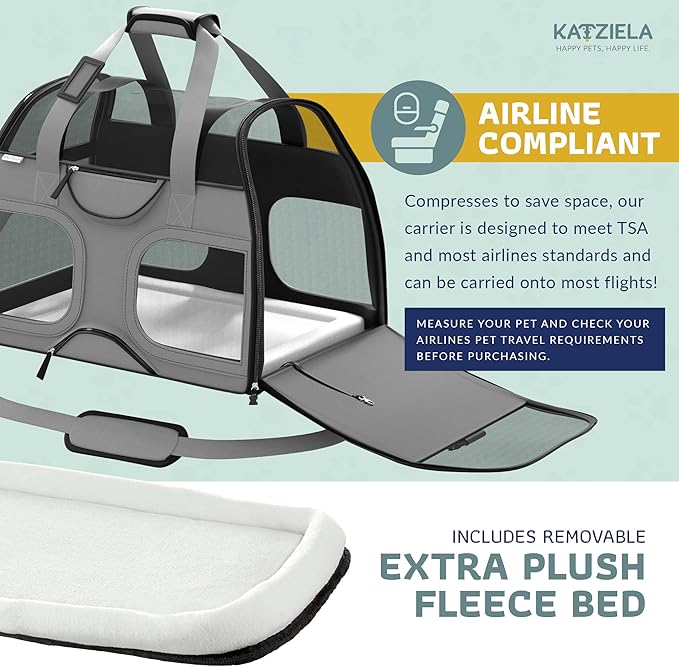Katziela Pet Carrier - Airline Compliant Dog TSA for Small Dogs and Cats Soft FAA Travel Airplane Luggage (Gray/Black)
