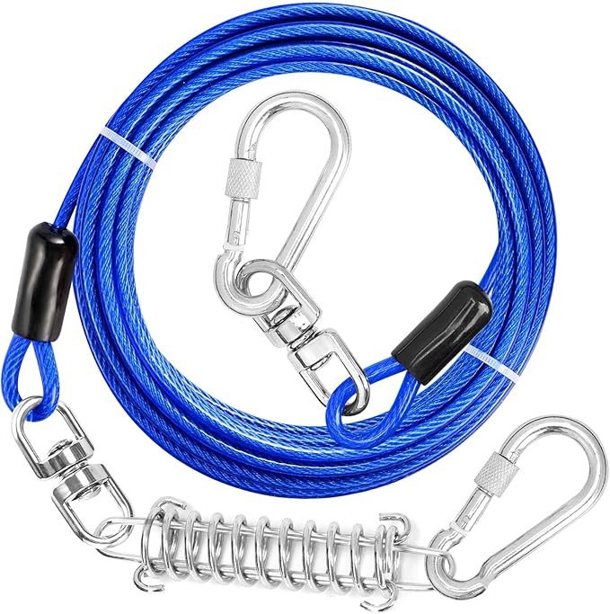 Jenico Dog Tie Out Cable, 10-150FT Runner Cable with Swivel Hook and Shock Spring, Yard & Camping Dog Leash Tether for Small to Medium Pets Up to 500 LBS