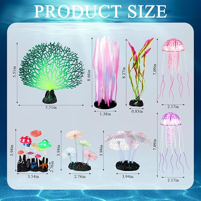 Frienda 8 Pieces Glowing Fish Tank Decorations Plants with 2 Style Glowing Kelp, Sea Anemone, Simulation Coral, Jellyfish, Lotus Leaf, Mushroom for Aquarium Fish Tank Ornament (Purple, Pink)