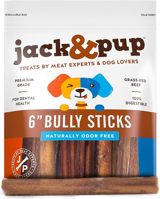 Jack&Pup 6 Inch Bully Sticks for Medium Dogs, Dog Bully Sticks for Small Dogs-6" Bully Sticks for Puppies Bully Sticks Odor Free Long Lasting Dog Chews, Beef Bully Stick (6 Inch Bully Sticks 50 Pack)