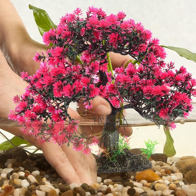 Fish Tank Plants Artificial Aquatic Plant Fish Tank Decorations Betta Accessories Aquarium Bonsai Tree with Base,10.23 X 10.23 X 2.16 Inches