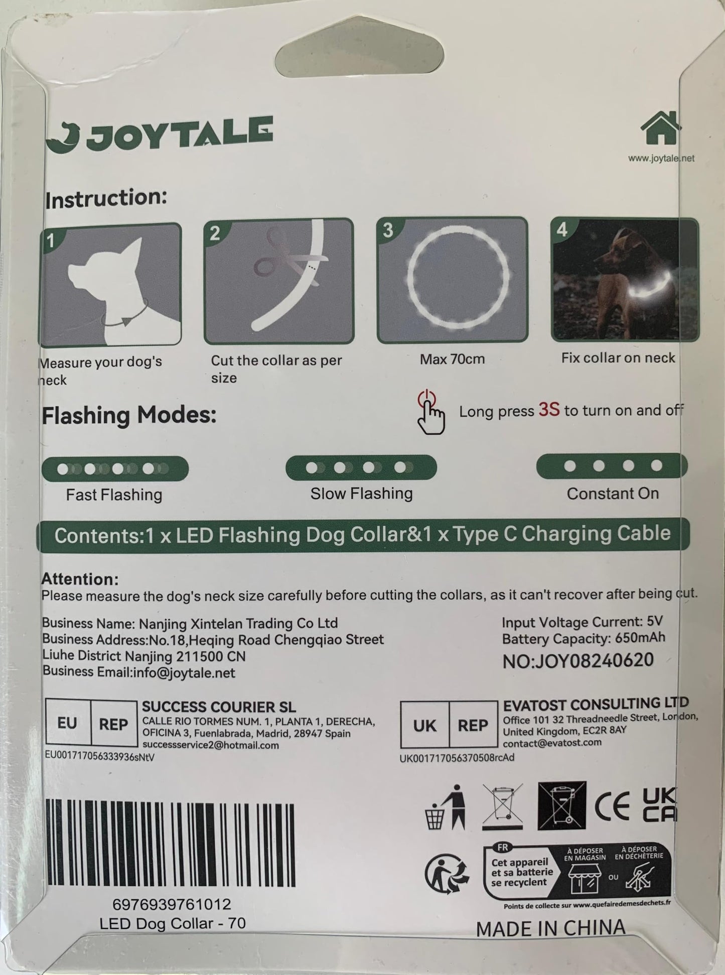 Joytale Light Up Dog Collar, Rainproof and Rechargeable LED, 9 Flashing Modes, Glow for Night Walking, Cuttable Soft Silicone Collar for Large Medium Small Dogs, 27.5 Inch