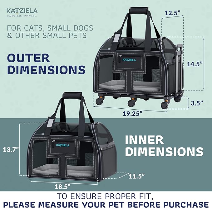 Katziela Rolling Pet Carrier Airline Approved - Pet Carrier with Wheels - Luxury Lorry - Deluxe TSA Approved Cat Carrier with 6 Wheels - Small Airline Approved Dog Carrier Trolley - Plane Carry On Bag