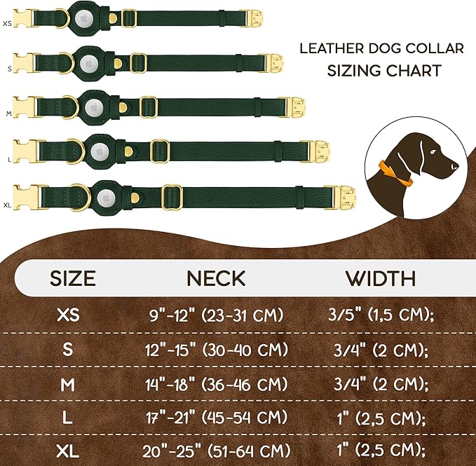 Leather Airtag Dog Collar - Soft Tracking Dog Collar with Apple AirTag Holder and Metal Buckle - Safety GPS Pet Collars for Small Medium Large Dogs Puppy Pink Red (Green, M, 14"-18" Neck Fit)
