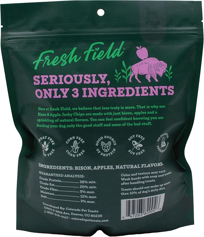 Fresh Field Bison & Apple Jerky Chips, 14 oz – All-Natural Dog Treats, USA Made, Ideal for Picky or Allergy-Prone Pets