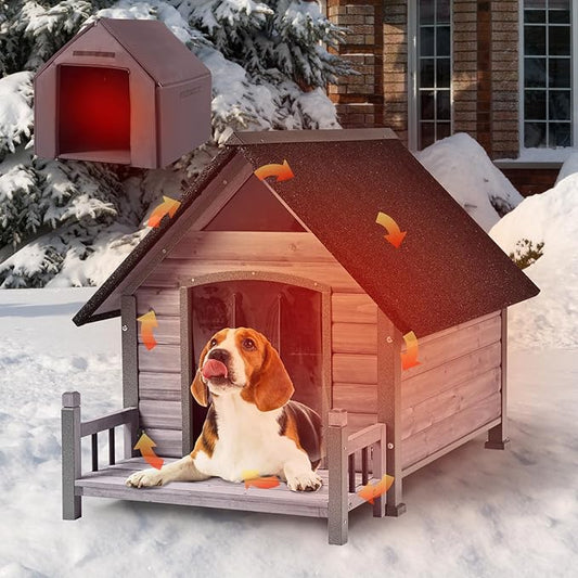 GUTINNEEN Outdoor Dog House Insulated Weatherproof Dog Kennel with Anti-Bite Metal Frame, Puppy Shelter with Insulated Liner and Porch for Small, Medium Large Dogs (Grey, 45’’ Medium)