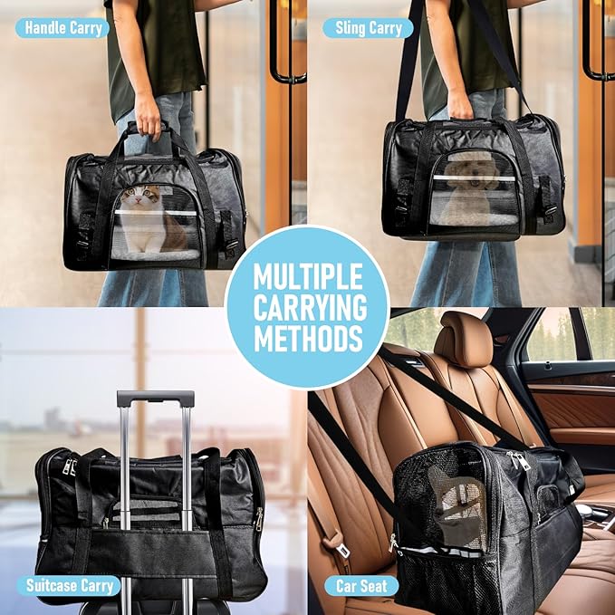 Expandable Cat Carrier for Travel, Soft-Sided Pet Carrier for Cats and Small Dogs, Airline Approved, Comfortable & Breathable Cat Carrying Bag with Adjustable Strap for Daily Use & Airplane(Black)