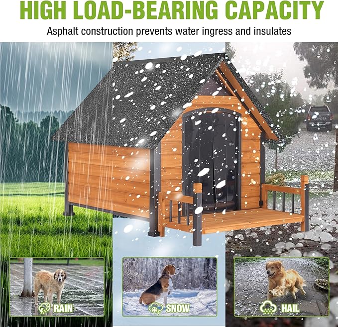 GUTINNEEN Heated Outdoor Dog House Insulated Weatherproof Dog Kennel with All-Around Metal Frame, Anti-Bite Puppy Home with Porch, Dog Shelter for Large Breed (Brown, 50.9'' Large)