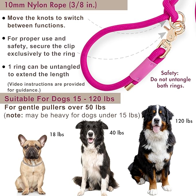 Hands Free Dog Leash, Waist Leash for Dog Walking, Crossbody, Multifunctional, Dog Lead, Running, Pink Adjustable Lead 4.3ft - 7.5ft, Double Lead for 2 Dogs, Dual Handle, Dog Training, 3/8" (10mm).