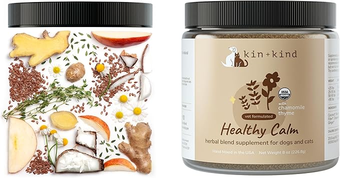 kin+kind Healthy Calm Supplement for Dogs & Cats - Vet Formulated Natural Formula with Organic Chamomile, Thyme, Apple Pomace, Ginger and Coconut- Made in USA - 4 oz (Medium)