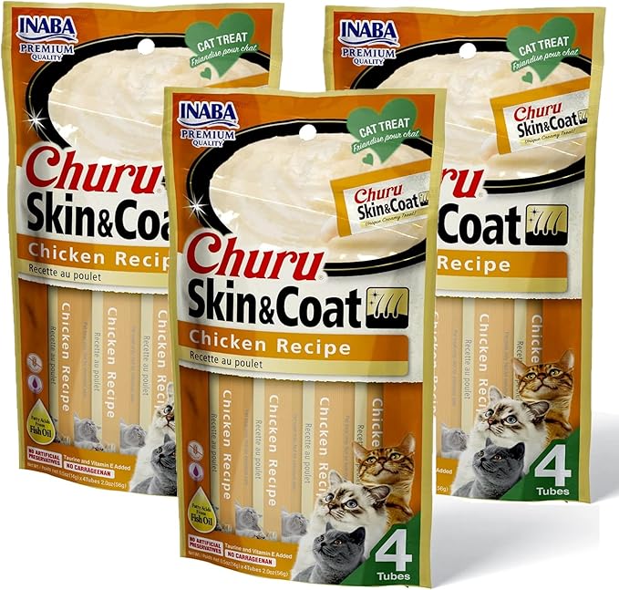 INABA Churu for Skin and Coat Lickable Purée Natural Cat Treats with Omega Oils, Taurine and Green Tea, 0.5 Ounces Each - Chicken Recipe (12 Tubes)