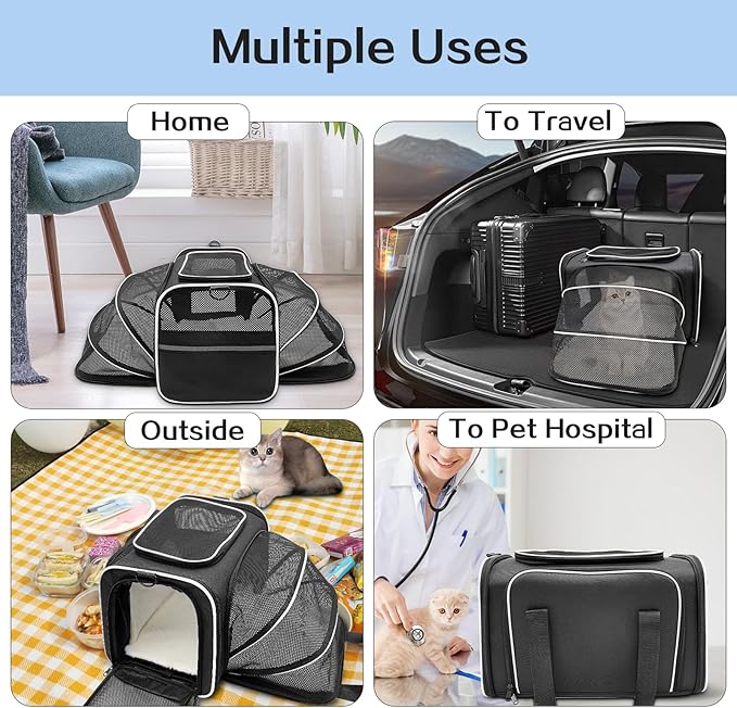 Cat Carrier Airline Approved Pet Carrier, Expandable Foldable Soft-Sided Dog Carrier, 3 Open Doors, 2 Reflective Tapes, Pet Travel Bag Safe and Easy for Cats and Dogs(Black)