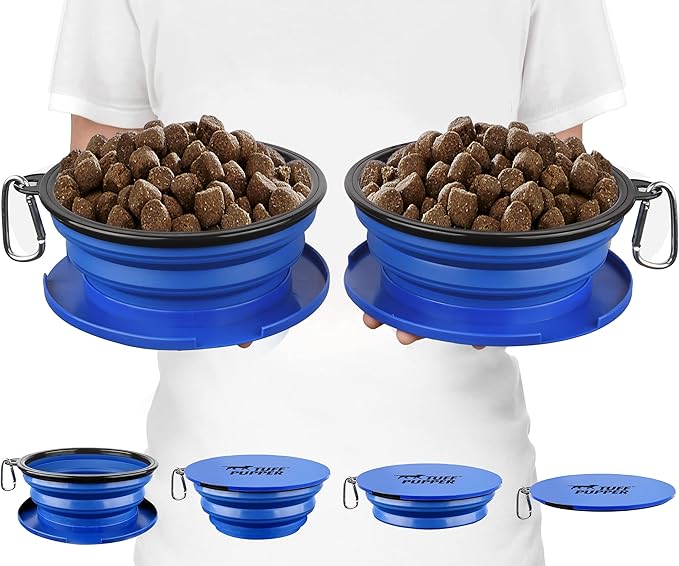 Tuff Pupper SuperBigSlurp Collapsible Dog Bowls | Two Pack Bowls | Extra Large Capacity | Portable, Food Safe, Odorless | Non-Toxic Silicone [Two Pack Blue Bowls 60oz]