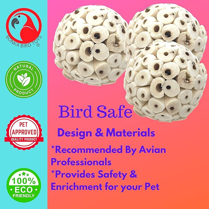 Bonka Bird Toys 1214 Pk3 All-Natural Sola Atta Balls, 3-Pack, 2" Diameter, Soft and Lightweight Chew and Foot Toys for Birds, Small Pets, and DIY Crafts, Safe for Parrots, Parakeets, and Cockatiels