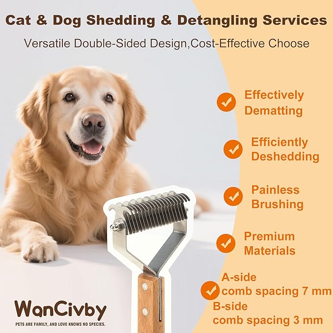 2-in-1Dematting & Deshedding Comb Undercoat Rake for Cats& Dogs，Detangling Matted Fur & Hair Remover Tool Pet Grooming Rake for Shedding and Dematting，Ergonomic beech wood handle (2 in 1)