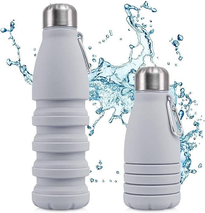 Foldable Drinking Bottle - BPA-free, leak-proof - Ideal festival accessory and practical outdoor companion with carabiner (Grey)