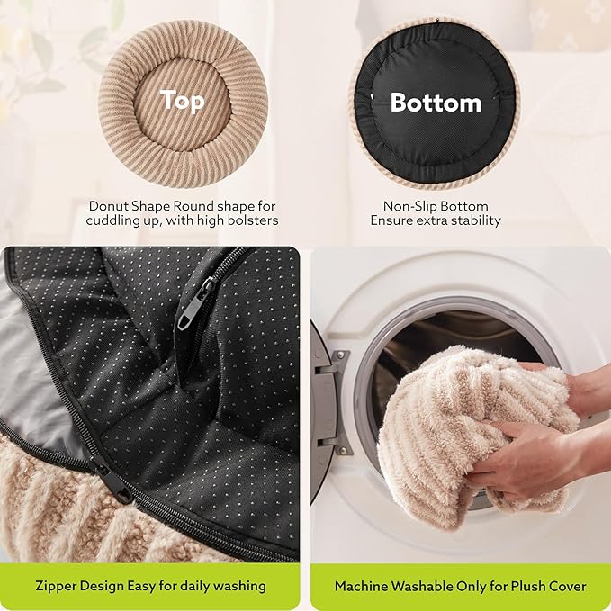 MIXJOY Donut Medium Dog Beds Medium Sized Dogs, Round Pet Beds with Removable Washable Cover, Faux Fur Cat Bed with Anti-Slip Bottom, 30"x30"x8", Beige