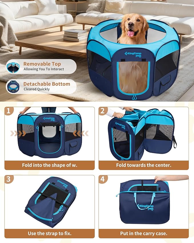 KingCamp Dog Playpen, Portable Foldable Cat Kitten Puppy Tent Crates 29"/36"/50" Pop Up Pet Playpen with Zippered Bottom & Cover for Indoor Outdoor Use (Medium, Blue)